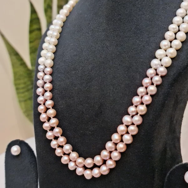 Precious 2Line Double Knotted Necklace Featuring Lustrous White & Pink Round Pearls-1