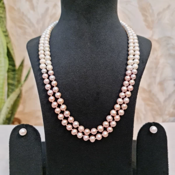 Precious 2Line Double Knotted Necklace Featuring Lustrous White & Pink Round Pearls`