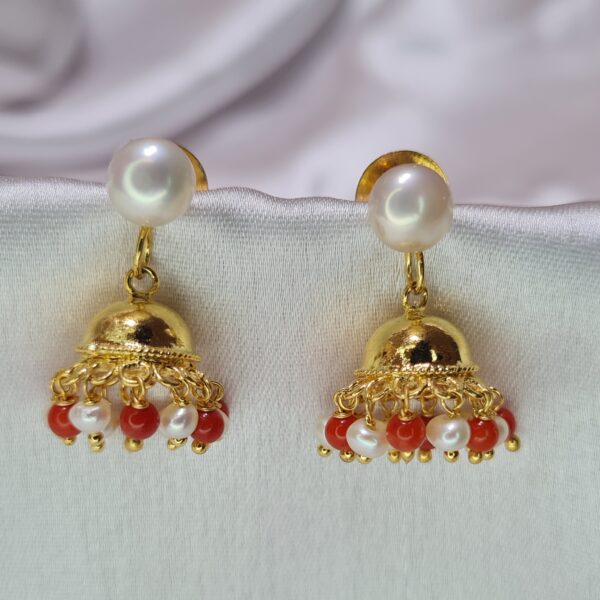 Cute Taar Jhumkas Featuring White Seed Pearls & Corals