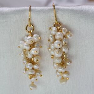Beautiful 4mm White Seed Pearls Bunch Long Hook Earrings
