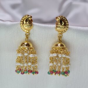 Opulent Paisley Studded White Seed Pearl Jhumkas Featuring Emeralds & Rubies