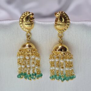 Captivating Paisley Studded Jhumkas Featuring White Seed Pearls & Emerald Droplets