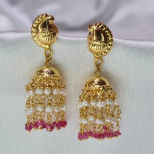 Luminous Paisley Studded Jhumkas Featuring White Seed Pearls & Ruby Droplets