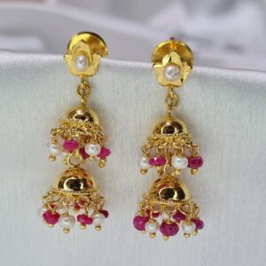 Radiant 2Step Jhumkas Featuring White Seed Pearl & Ruby Droplets