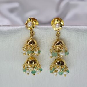 Evergreen 2Step Jhumkas Featuring White Seed Pearls & Emerald Droplets