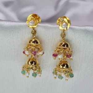 Vibrant 2Step White Pearl Jhumkas Featuring Emeralds & Ruby Droplets