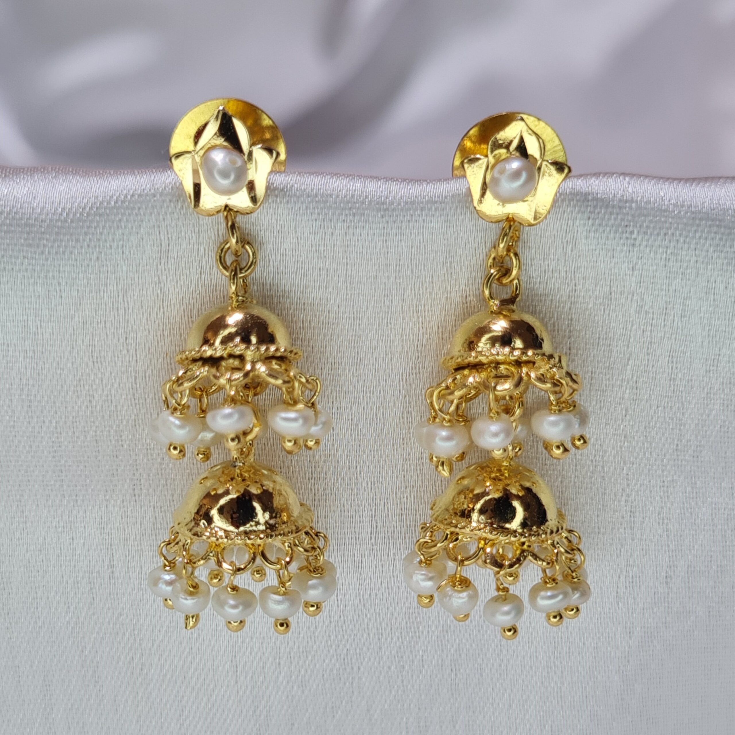 Luminous 2Step Jhumkas Featuring White Seed Pearl Droplets - Pure Pearls