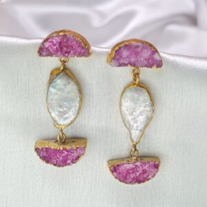 Chic & Trendy Magenta Pink Druzy Earrings With Baroque Pearl