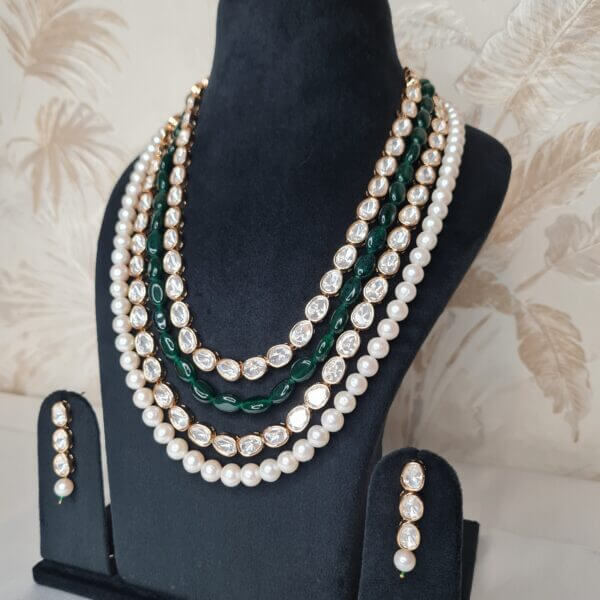Exclusive Multi-row Polki Necklace Featuring White Pearls & Green Onyx Beads-1