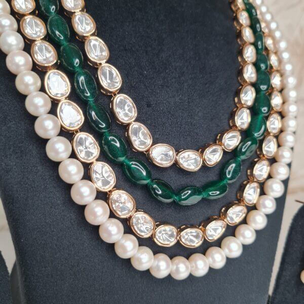 Exclusive Multi-row Polki Necklace Featuring White Pearls & Green Onyx Beads-2