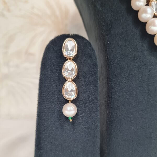 Exclusive Multi-row Polki Necklace Featuring White Pearls & Green Onyx Beads - earrings