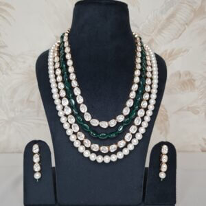Exclusive Multi-row Polki Necklace Featuring White Pearls & Green Onyx Beads