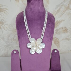 Radiant 2-line White Baroque Pearl Necklace With Mother of Pearl Flower Pendant