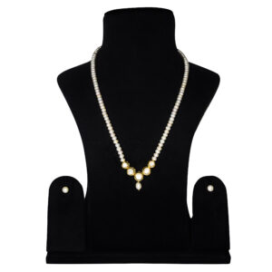 Sleek 19Inch Long String Of White Pearls Accentuated With Round Kundan Pendant
