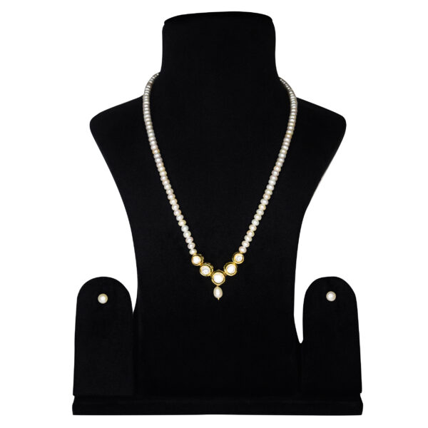 Sleek 19Inch Long String Of White Pearls Accentuated With Round Kundan Pendant
