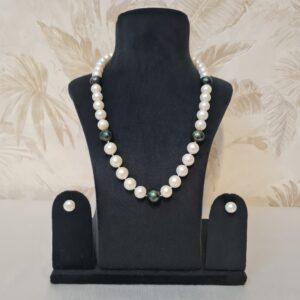 Rare Double Knotted 20Inch Necklace With White & Bottle Green Round Pearls