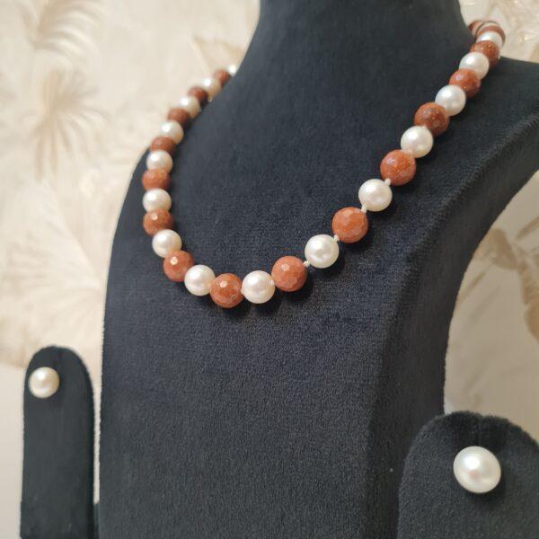 Striking Double Knotted 18 Inch Long Necklace With White Round Pearls & Sandstone Beads-1