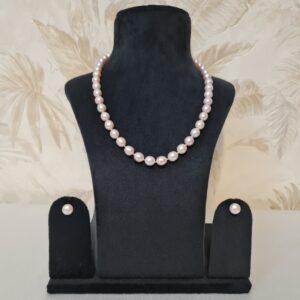 Beautiful 18 Inch Long Necklace Double Knotted With 8mm Pink Oval Pearls