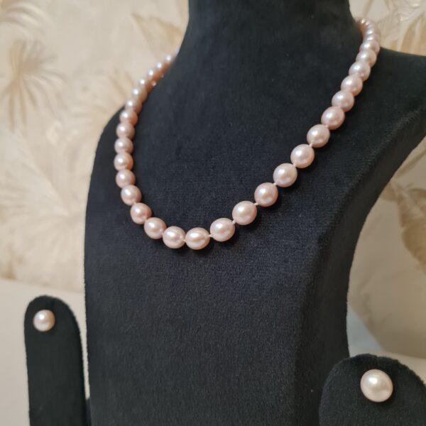 Beautiful 18 Inch Long Necklace Double Knotted With 8mm Pink Oval Pearls-1