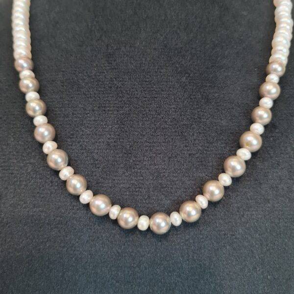 Classy 18 Inch Simple Pearl Necklace Featuring Semi-Round White & Round Grey Pearls-1