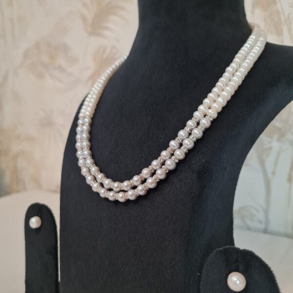 Precious 2Line Necklace Featuring Lustrous White & Grey Pearls With Zircon Spacers-1