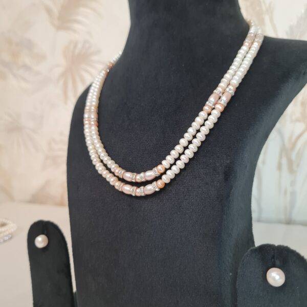 Attractiive Two-Row White Semi-Round Pearl Necklace With Peach & Pink Pearls-1