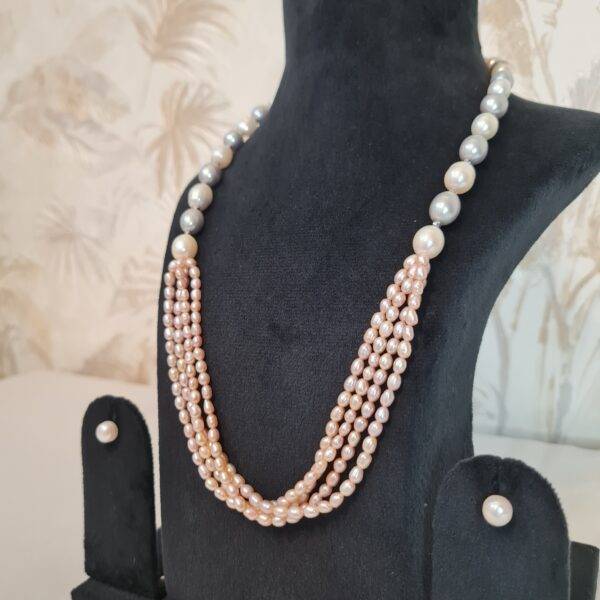 Unique White & Grey Pearl 22Inch Necklace With 3Line Pink Oval Pearls-1