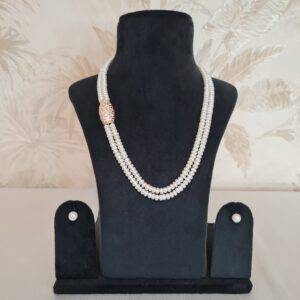 Lovely 2Line 19 Inch Necklace With White Pearls & A Pink Enamel Side Brooch