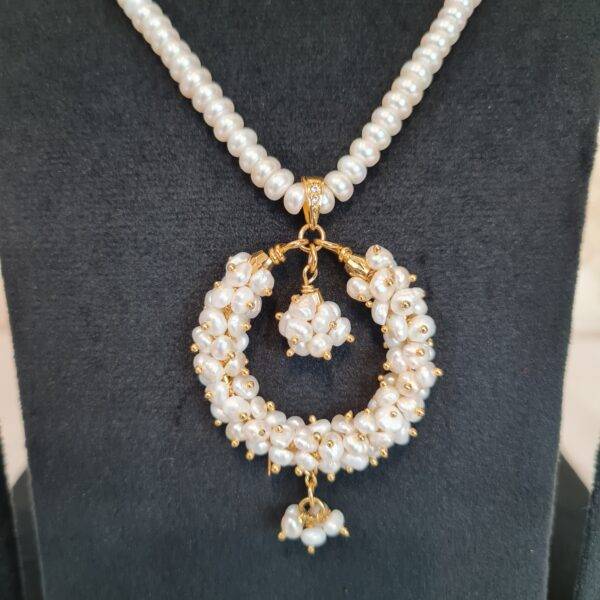 Exemplary 19 Inch Long White Pearls Necklace With Seed Pearls Chand Bali Pendant-close up
