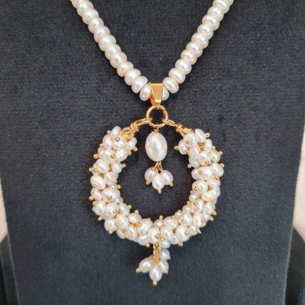 Impeccable 19 Inch Long White Pearls Necklace With Seed Pearls Chand Bali Pendant-close up