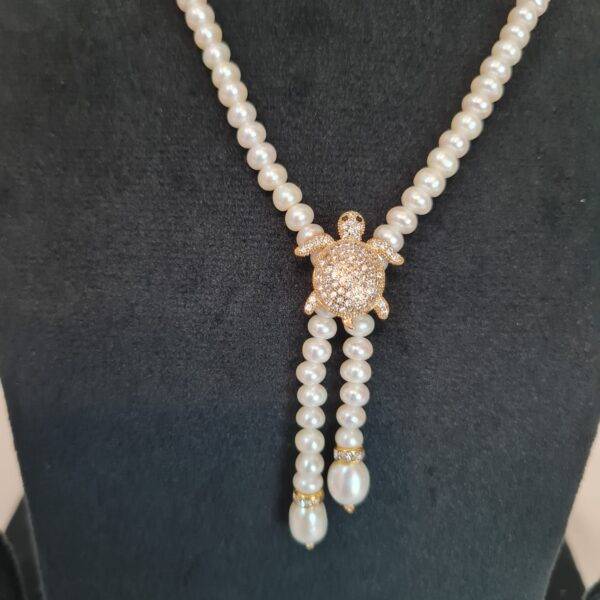 Captivating15Inch White Pearls Necklace With CZ Turtle Pendant & Tassels-1