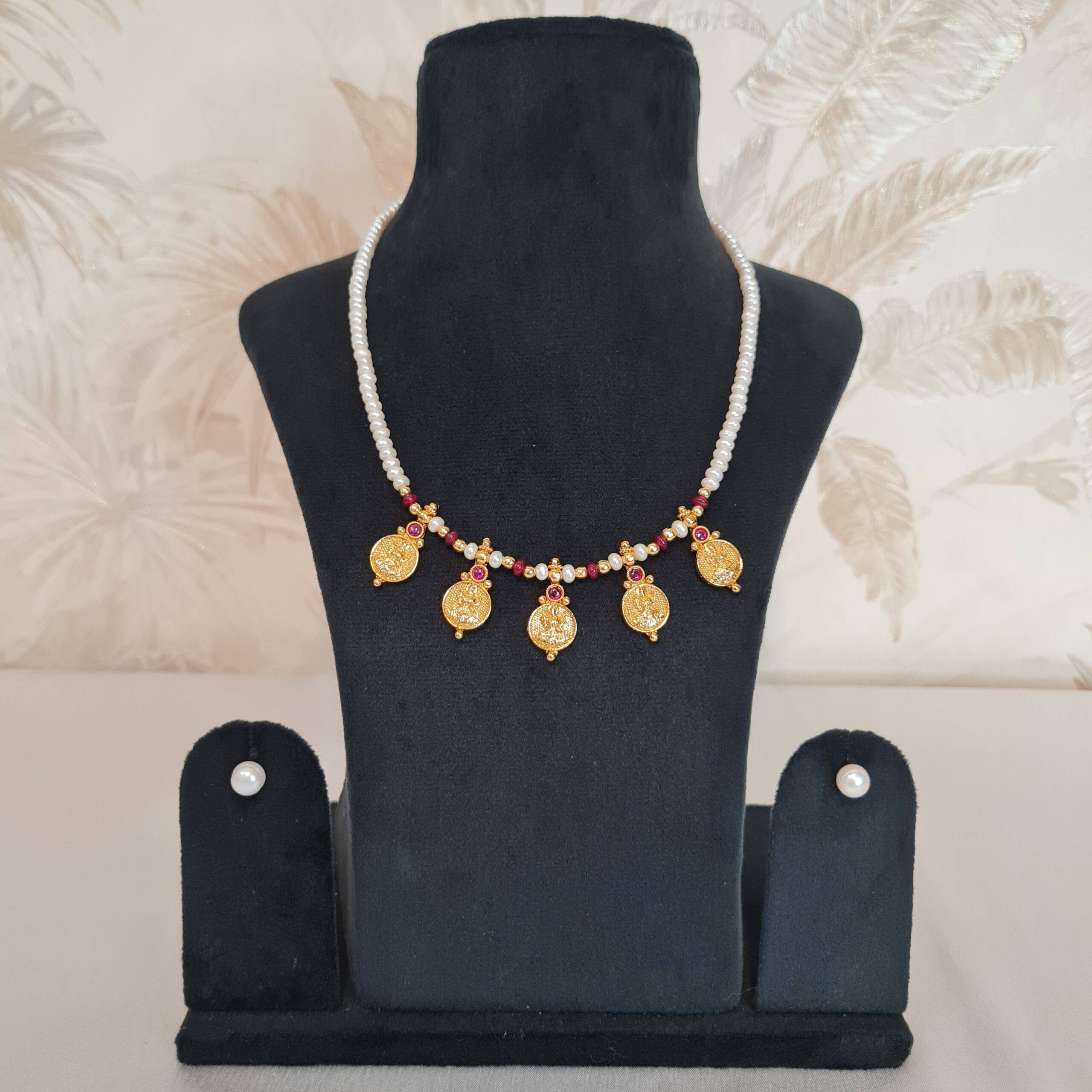Lovely Semi Round White Pearls Necklace With Lakshmi Kaasu SP Ruby Beads Pure Pearls