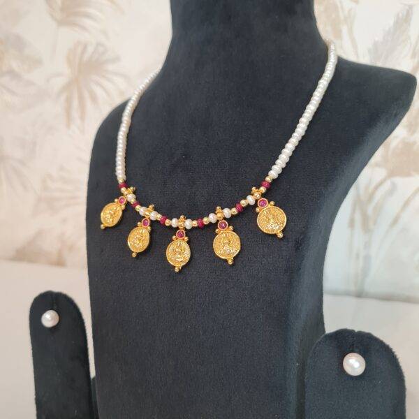 Lovely Semi-Round White Pearls Necklace With Lakshmi Kaasu & SP Ruby Beads-1