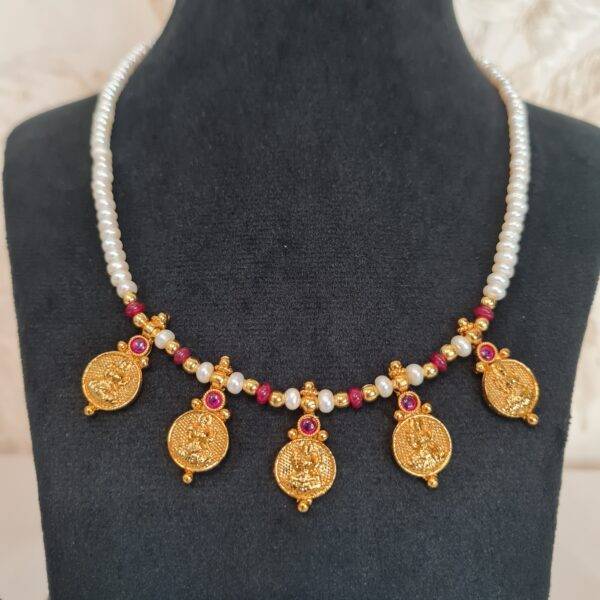 Lovely Semi-Round White Pearls Necklace With Lakshmi Kaasu & SP Ruby Beads-2
