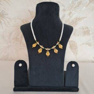 Elegant Semi-Round White Pearls Necklace With Lakshmi Kaasu & SP Emerald Beads