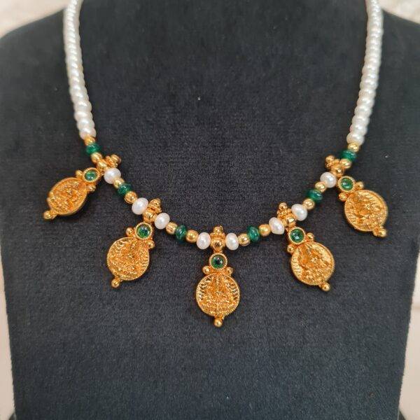 Elegant Semi-Round White Pearls Necklace With Lakshmi Kaasu & SP Emerald Beads-1