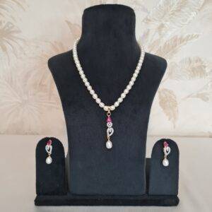 Radiant White Oval Pearl 17Inch Necklace With A lovely SP Ruby & CZ Pendant
