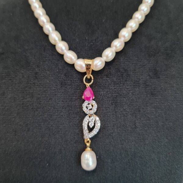 Radiant White Oval Pearl 17Inch Necklace With A lovely SP Ruby & CZ Pendant-1