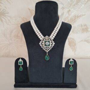 Luxurious 6.5mm White Round Pearl 2Line Necklace With CZ & SP Emerald Pendant