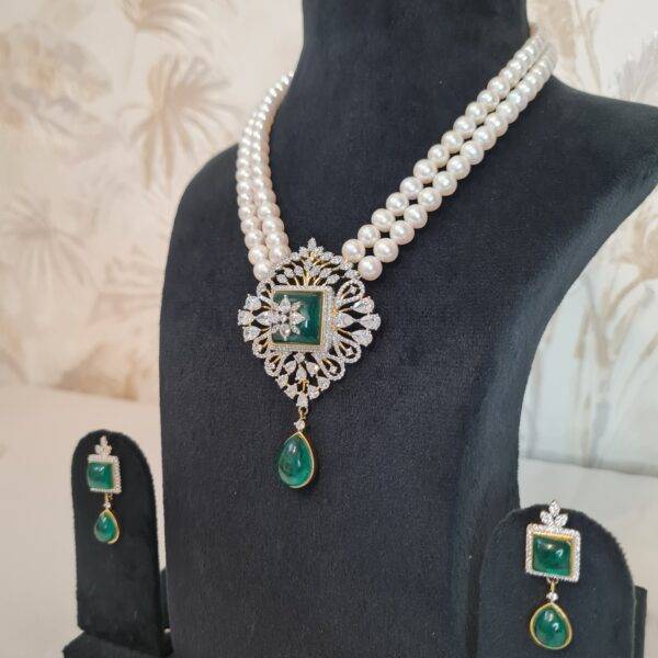 Luxurious 6.5mm White Round Pearl 2Line Necklace With CZ & SP Emerald Pendant-1