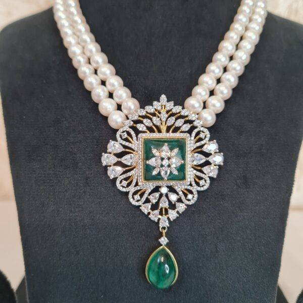 Luxurious 6.5mm White Round Pearl 2Line Necklace With CZ & SP Emerald Pendant-2