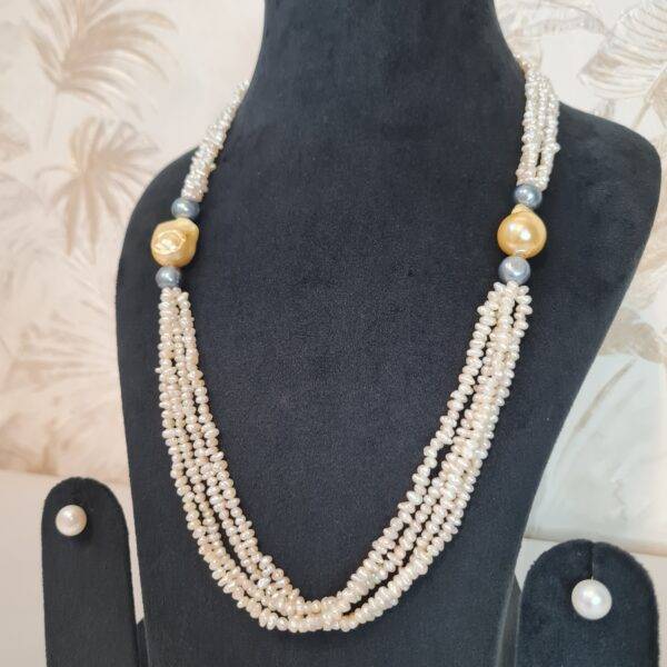 Lustrous 3Line White Baroque Pearl Necklace With Golden & Grey Pearls-1