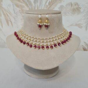 Opulent Lacey Choker With White Seed Pearls & SP Ruby Droplets
