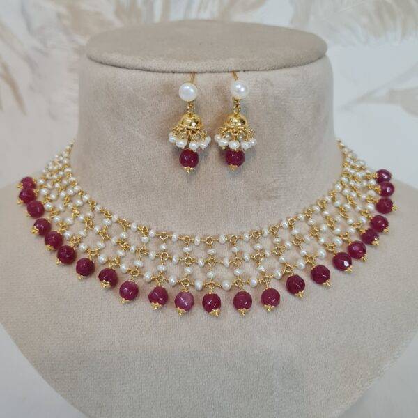 Opulent Lacey Choker With White Seed Pearls & SP Ruby Droplets-1