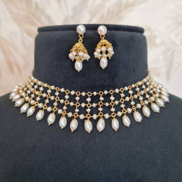Gorgeous Lacey Choker With White Seed Pearls & Oval Pearl Droplets-1