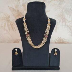 Graceful Taar Mala Necklace With White Seed Pearls & Ruby Emerald Sapphire Beads