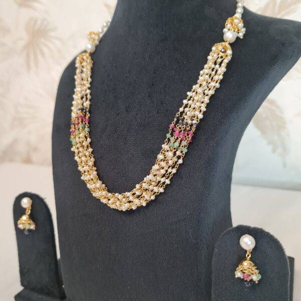 Graceful Taar Mala Necklace With White Seed Pearls & Ruby Emerald Sapphire Beads-1