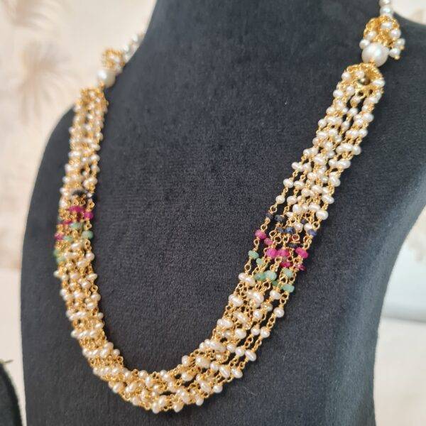 Graceful Taar Mala Necklace With White Seed Pearls & Ruby Emerald Sapphire Beads-2