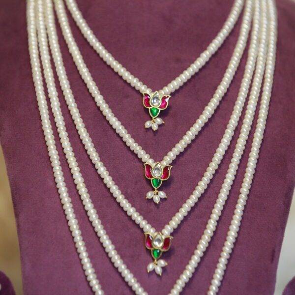 Magnificent 5Layer White Semi-Round Pearl Long Necklace With Kemp Pendants-2
