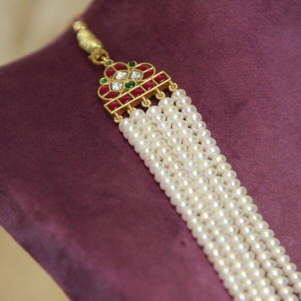 Magnificent 5Layer White Semi-Round Pearl Long Necklace With Kemp Pendants